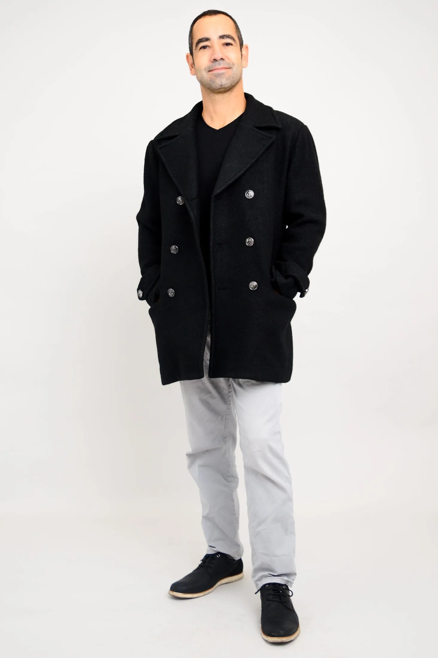 Mens Peacoat, Black, Boiled Wool