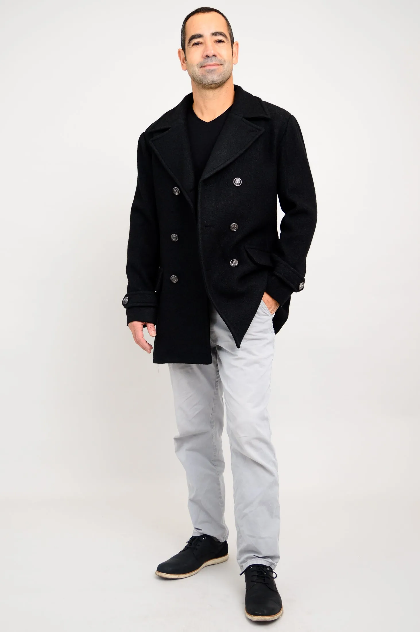 Mens Peacoat, Black, Boiled Wool