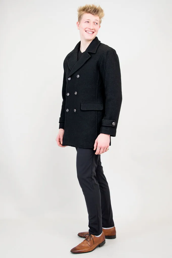 Mens Peacoat, Black, Boiled Wool