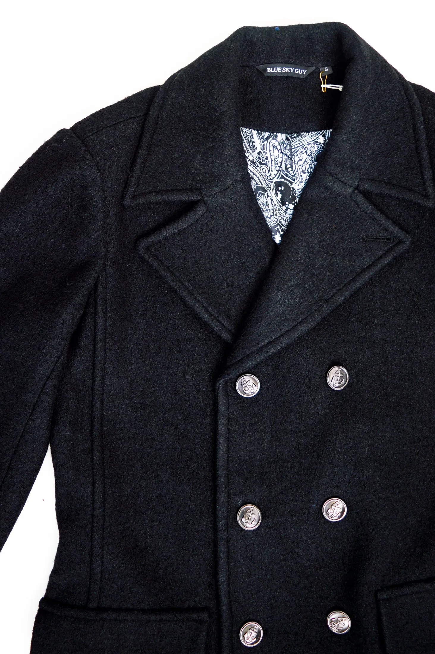 Mens Peacoat, Black, Boiled Wool