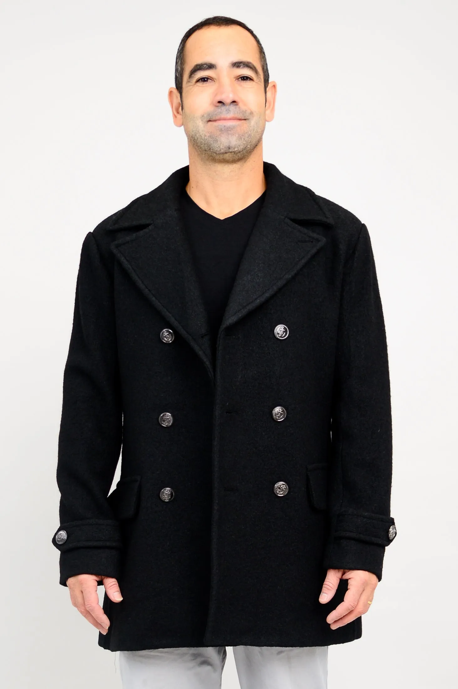 Mens Peacoat, Black, Boiled Wool