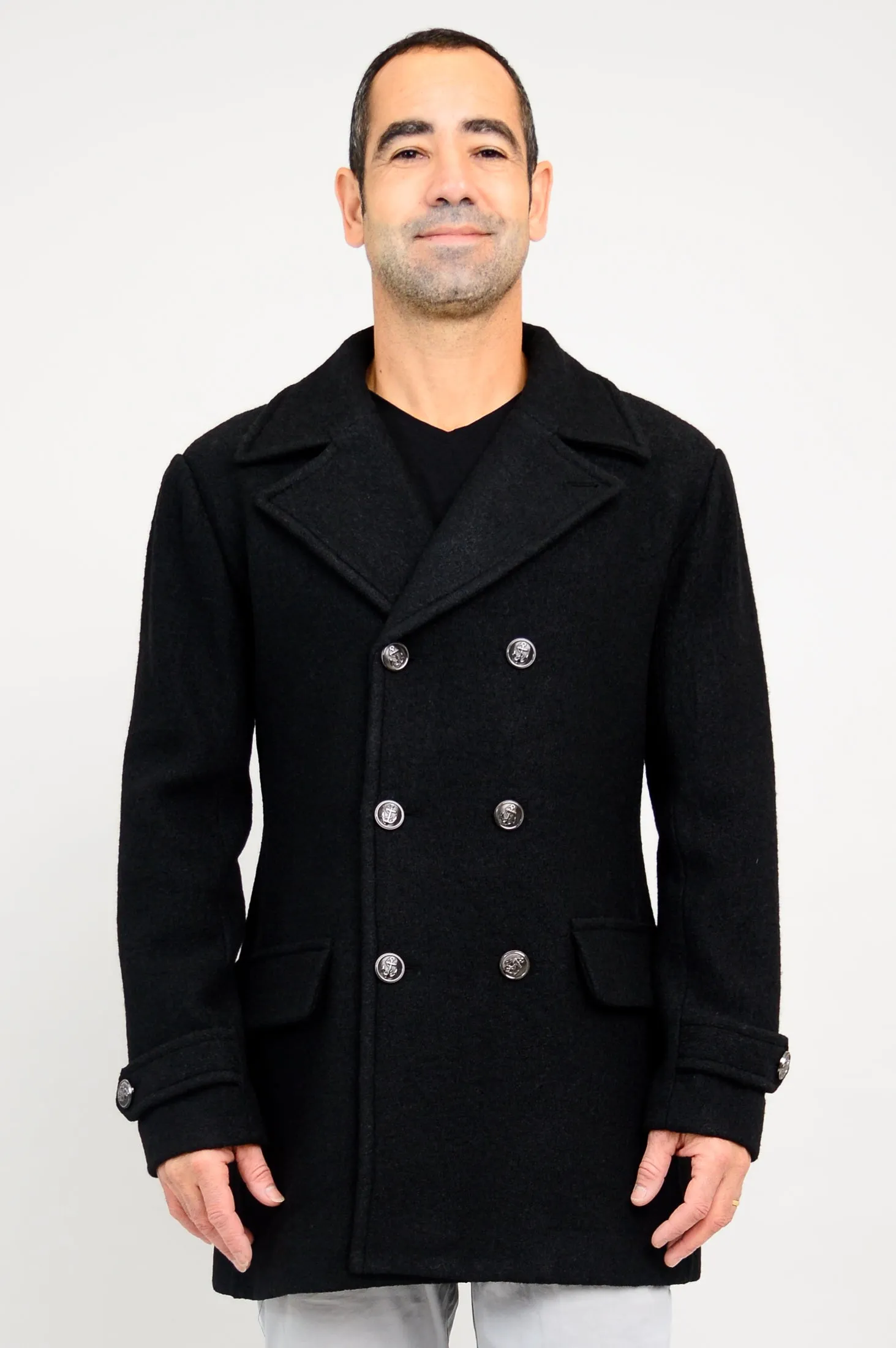 Mens Peacoat, Black, Boiled Wool