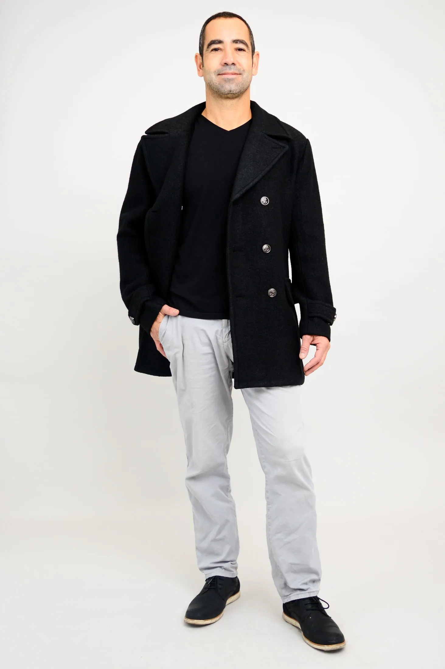 Mens Peacoat, Black, Boiled Wool