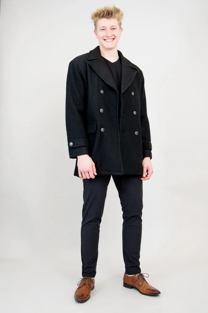 Mens Peacoat, Black, Boiled Wool