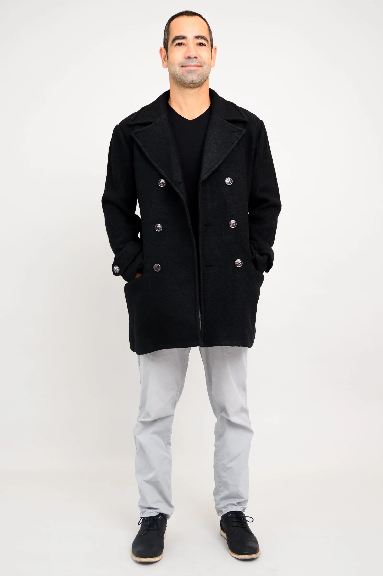 Mens Peacoat, Black, Boiled Wool