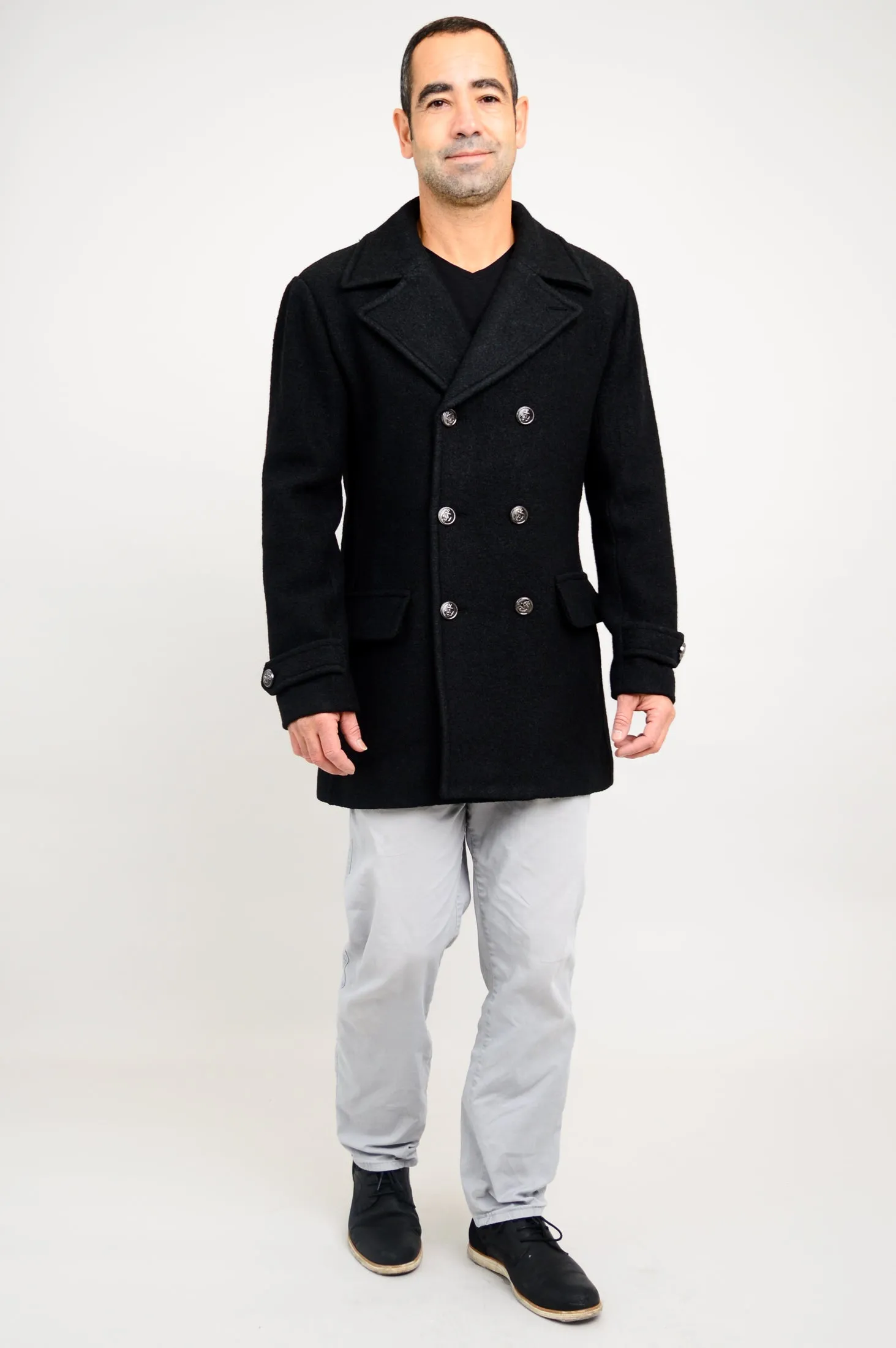 Mens Peacoat, Black, Boiled Wool