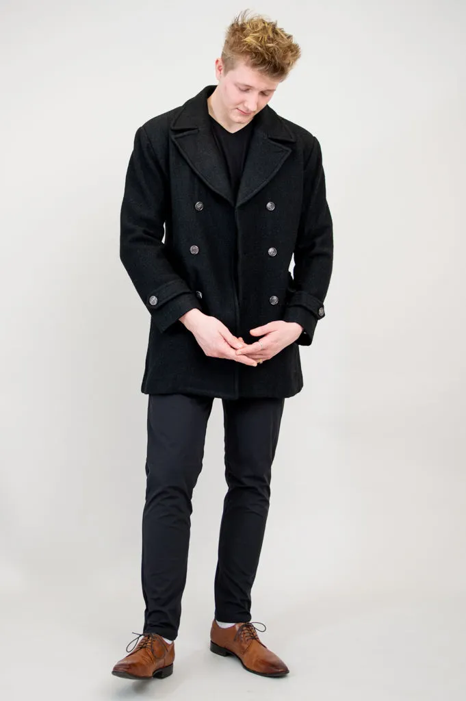 Mens Peacoat, Black, Boiled Wool