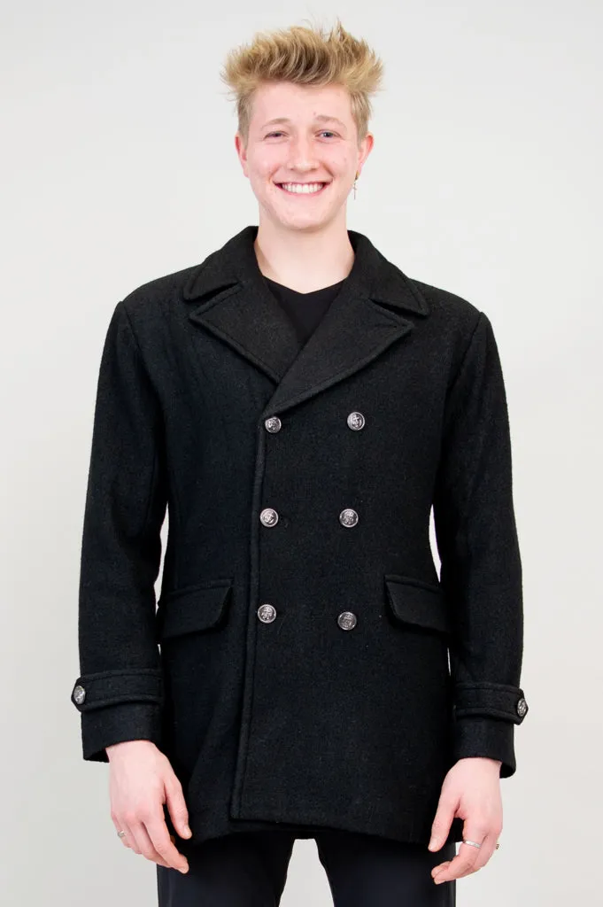 Mens Peacoat, Black, Boiled Wool