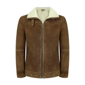 Mens Real Sherling Sheepskin Suede Jacket Brown Tan Vintage Zip Flying Pilot WW2