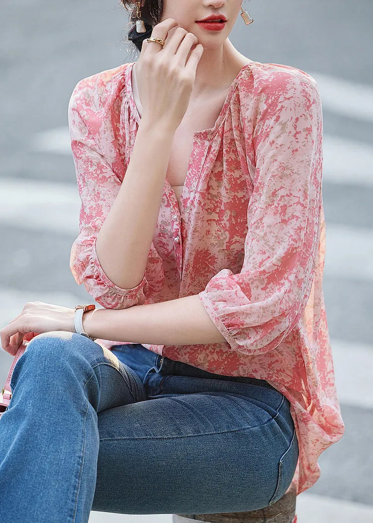 Modern Pink V Neck Print Button Shirt Long Sleeve WW022