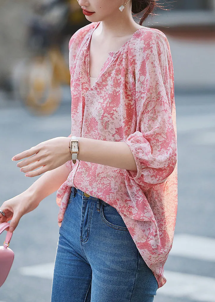 Modern Pink V Neck Print Button Shirt Long Sleeve WW022