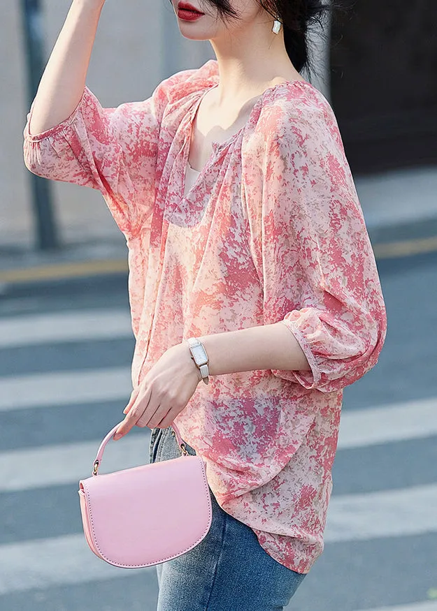 Modern Pink V Neck Print Button Shirt Long Sleeve WW022