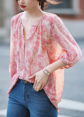 Modern Pink V Neck Print Button Shirt Long Sleeve WW022