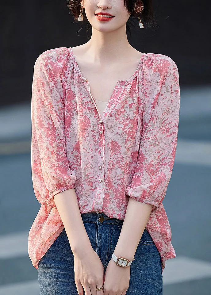 Modern Pink V Neck Print Button Shirt Long Sleeve WW022