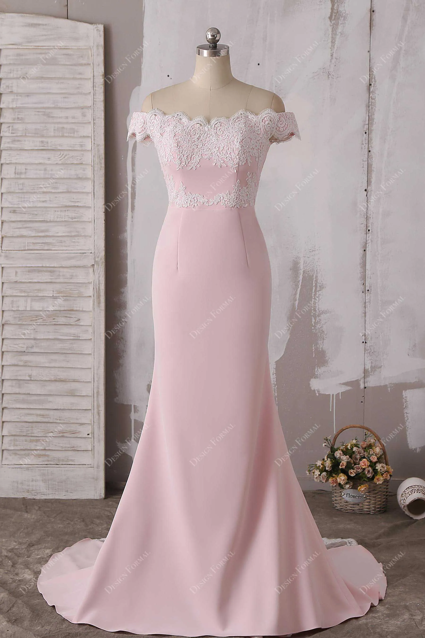 Off-Shoulder Lace Elegant Dusty Pink Godet Mermaid Dress