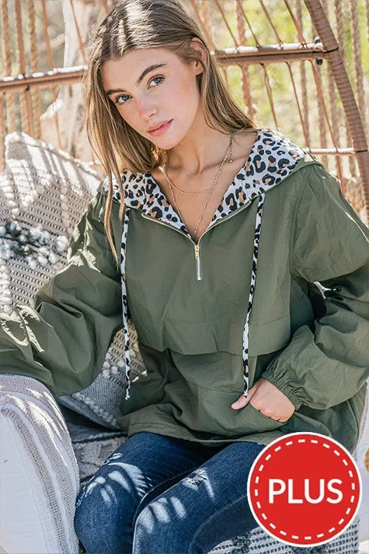 Olive Leopard Print Hoodie Zipper Up Pocket Windbreaker