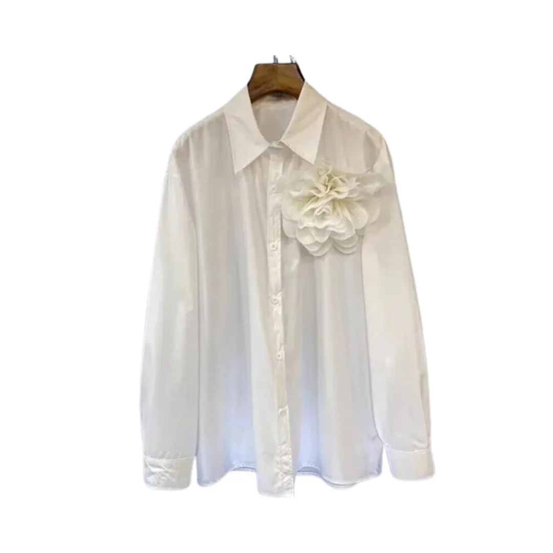 Pre Order:  Pleated 3D Flower Loose Long Sleeved Shirt