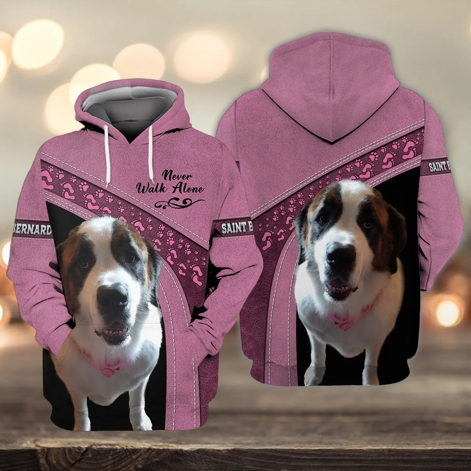 Saint Bernard Love Pink Never Walk Alone 3D Full Print Shirts, Sweatshirt for Dog Lovers