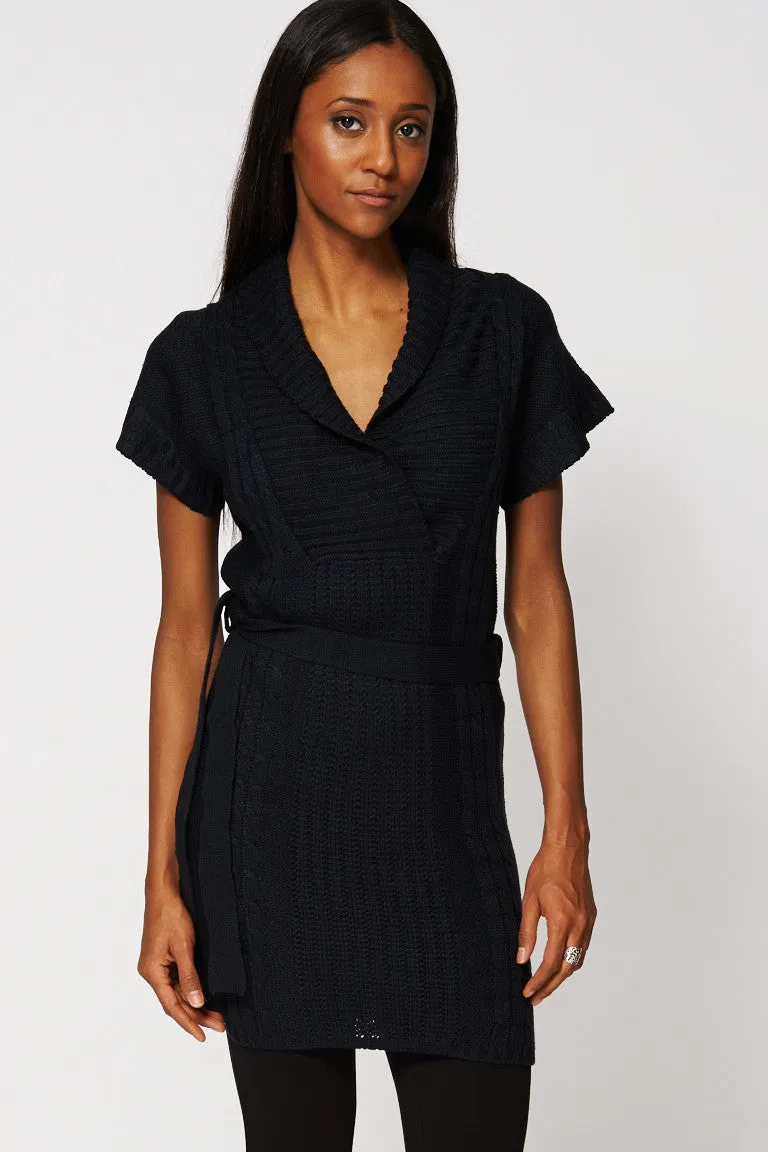 Shawl Collar Belted Knit Dress In Black