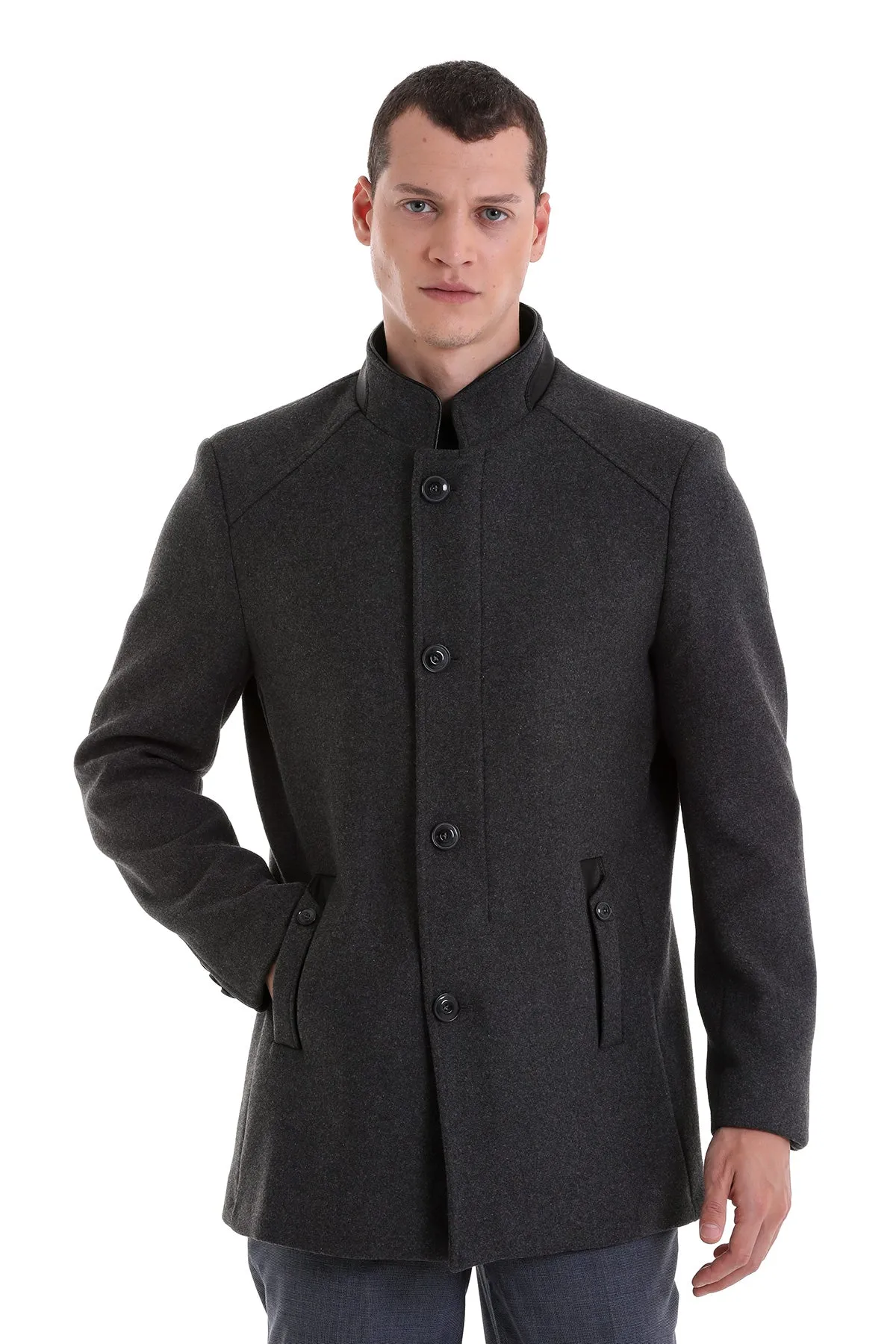 Slim Fit Nikko Stand Collar Wool Blend Dark Gray Coat