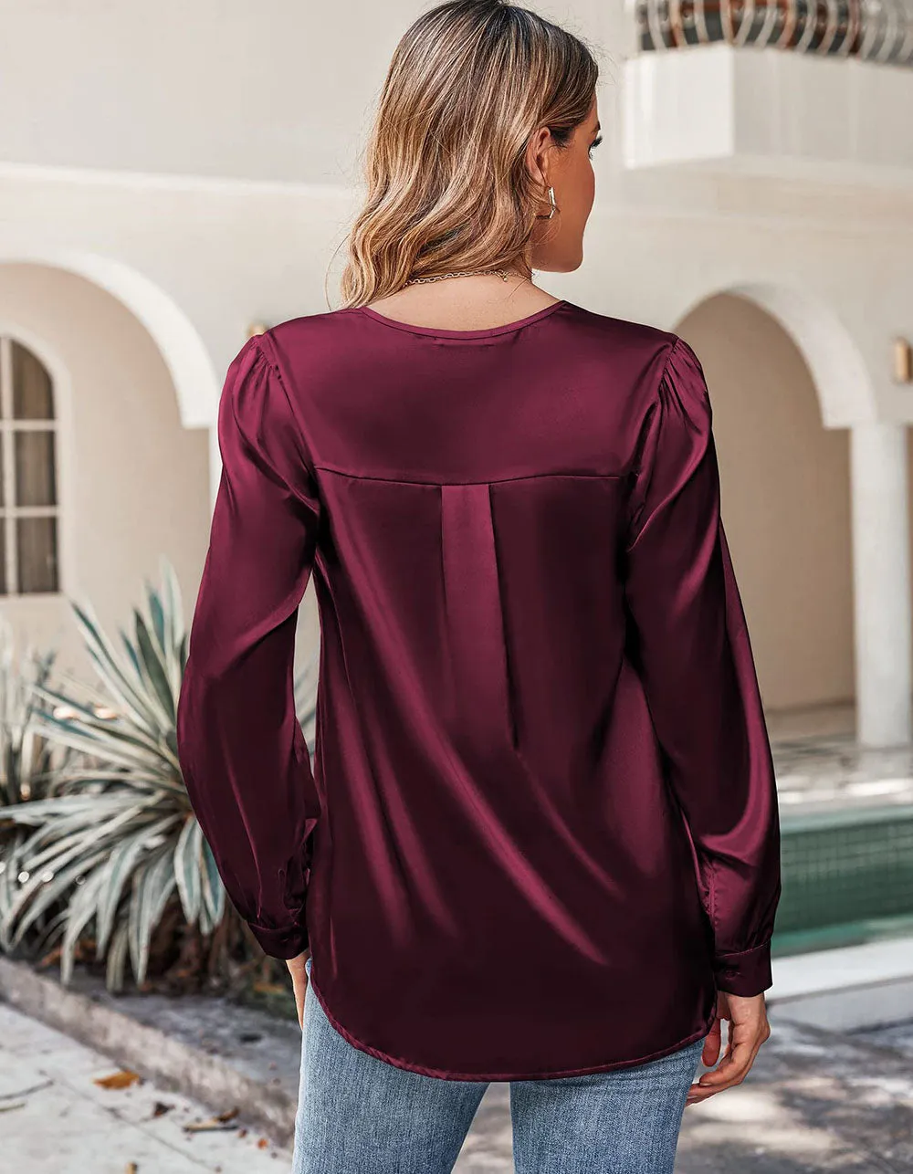 Solid-color v Neck Satin Pleated Long Sleeve Loose Shirt