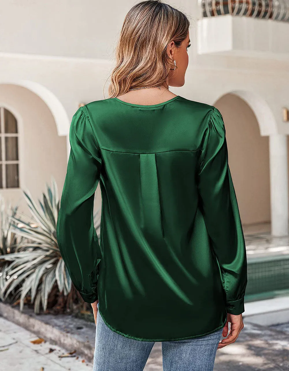 Solid-color v Neck Satin Pleated Long Sleeve Loose Shirt