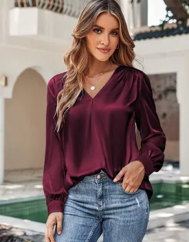 Solid-color v Neck Satin Pleated Long Sleeve Loose Shirt