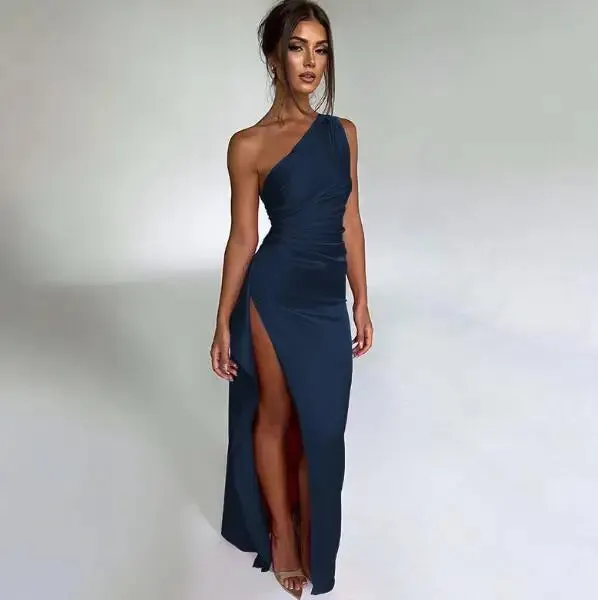 Summer New Sexy Slim Fit Slant Shoulder Split Solid Color Dress for Women,4 Colors