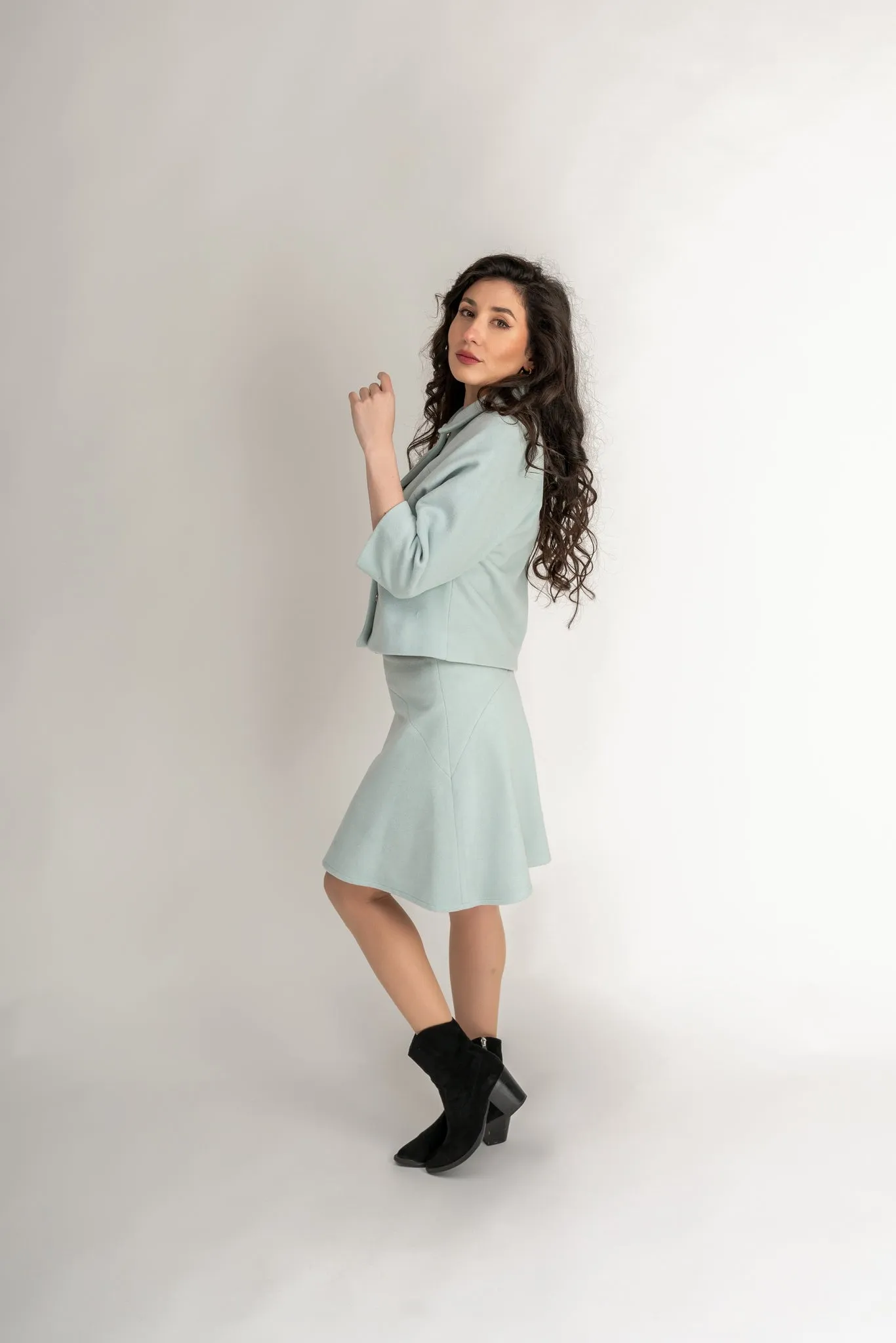 “Tiara“ Coat /  “Arielle“ Skirt 100 % Wool Set In Aquamarine