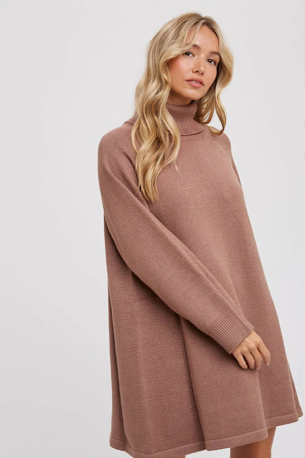 Turtleneck Knit Sweater Dress - Latte