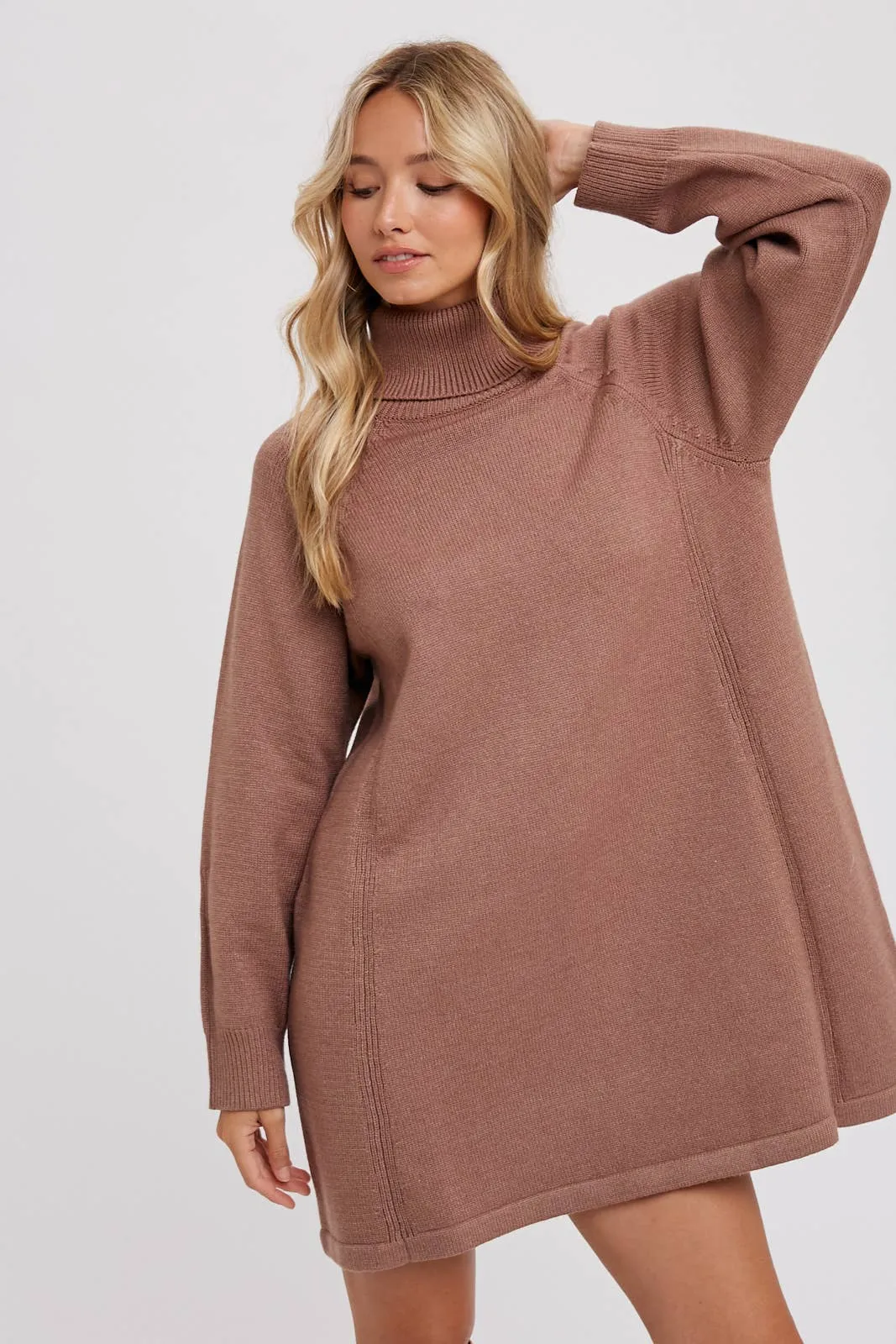 Turtleneck Knit Sweater Dress - Latte