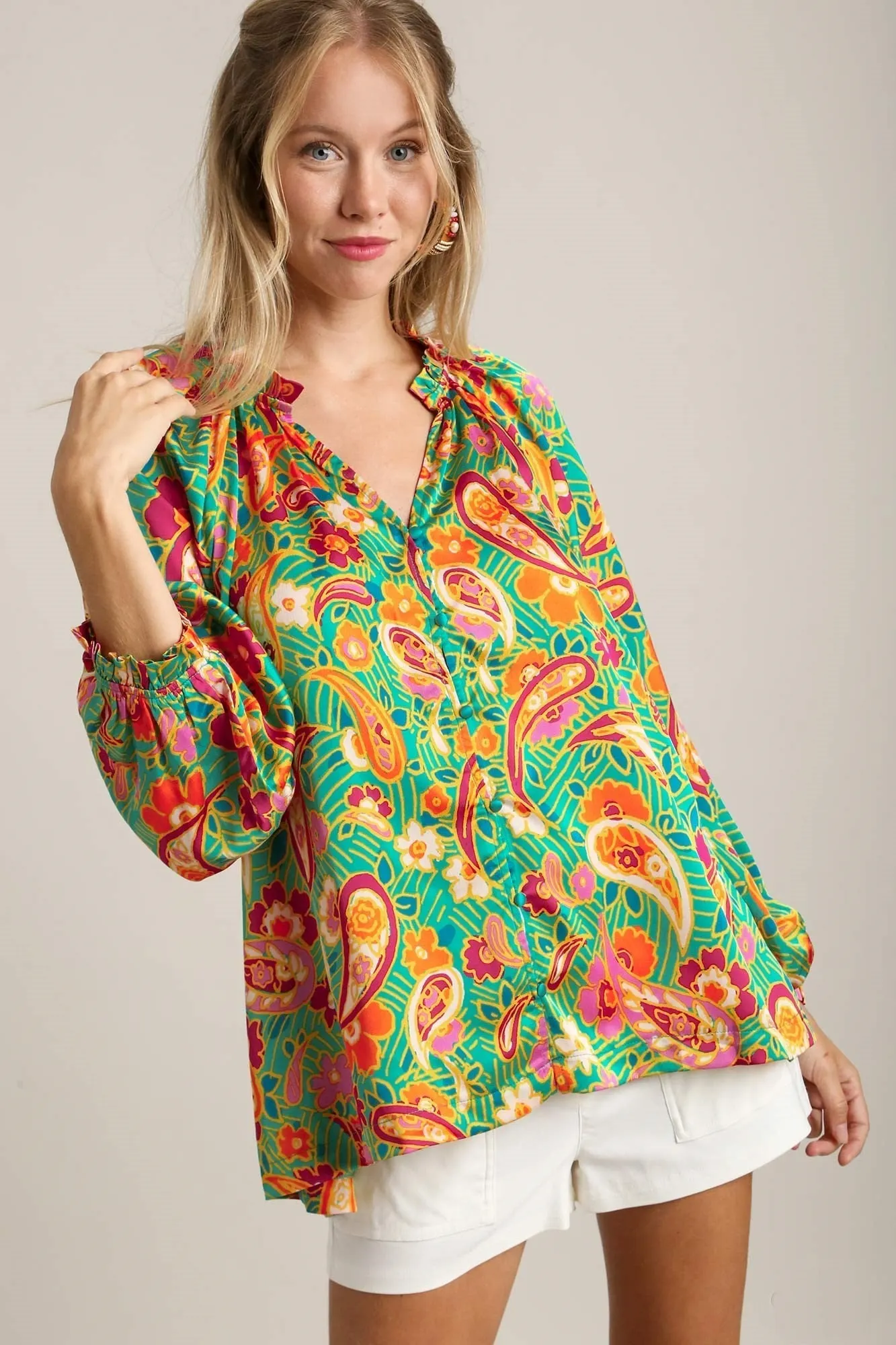 Umgee Satin Paisley Print Top in Green FINAL SALE