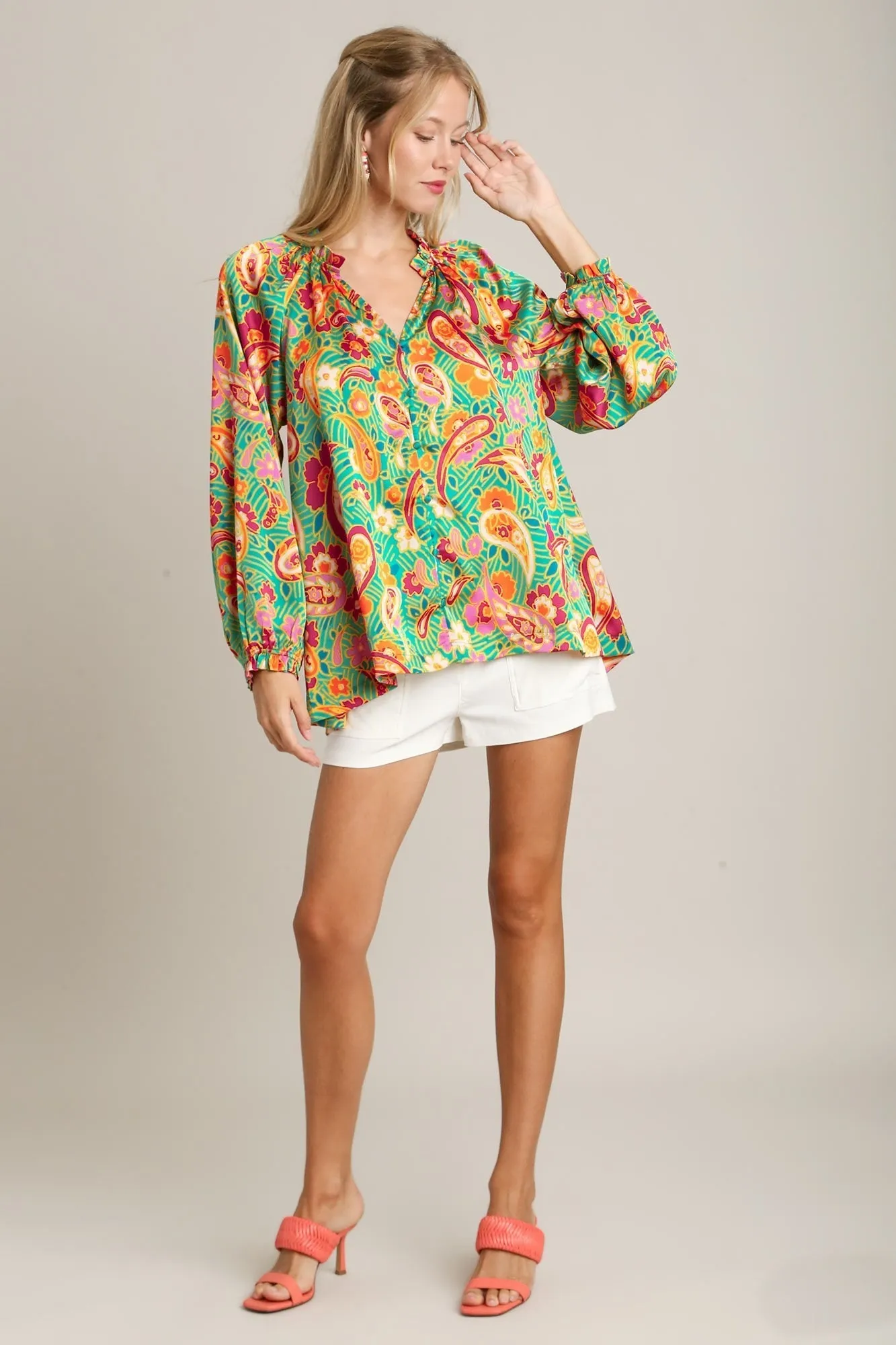 Umgee Satin Paisley Print Top in Green FINAL SALE