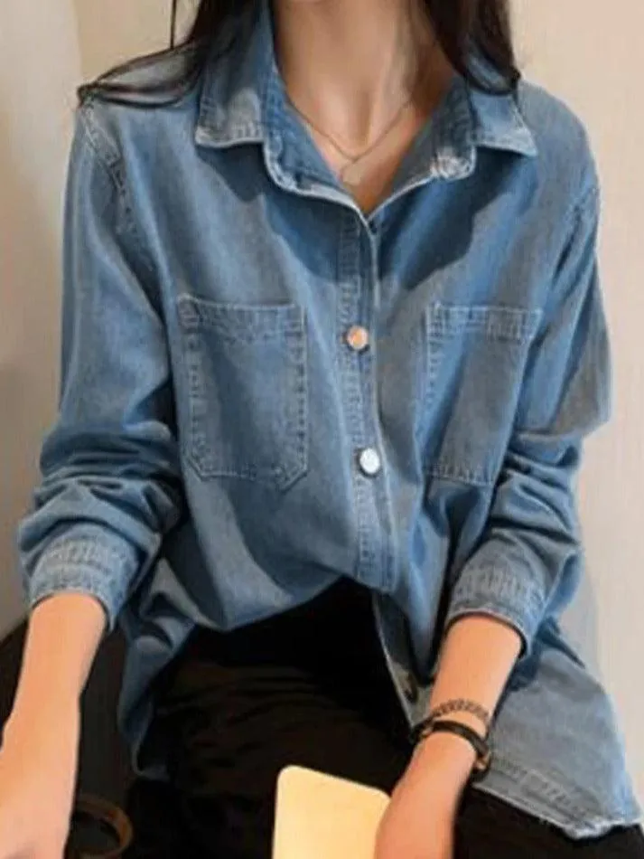 Uniwim ootd Vintage Light Blue Denim Blouses&Shirts