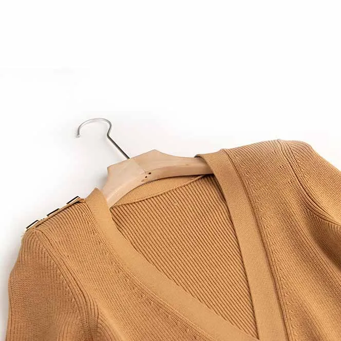 Women Camel Ribbed-knit Short-sleeve Dress V-neck Cockail Dress