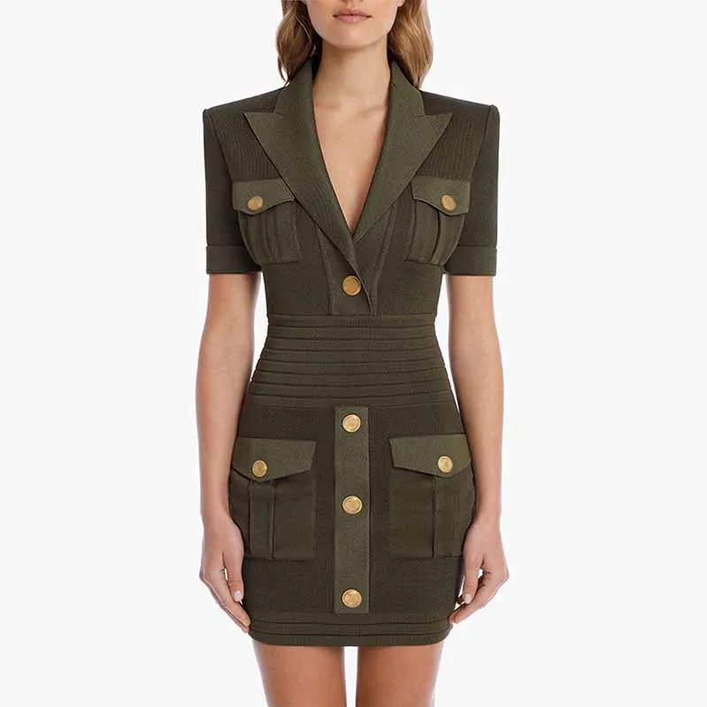 Women Knitted Minidress Army Green Deep V Neck Cocktail Dress