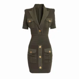 Women Knitted Minidress Army Green Deep V Neck Cocktail Dress