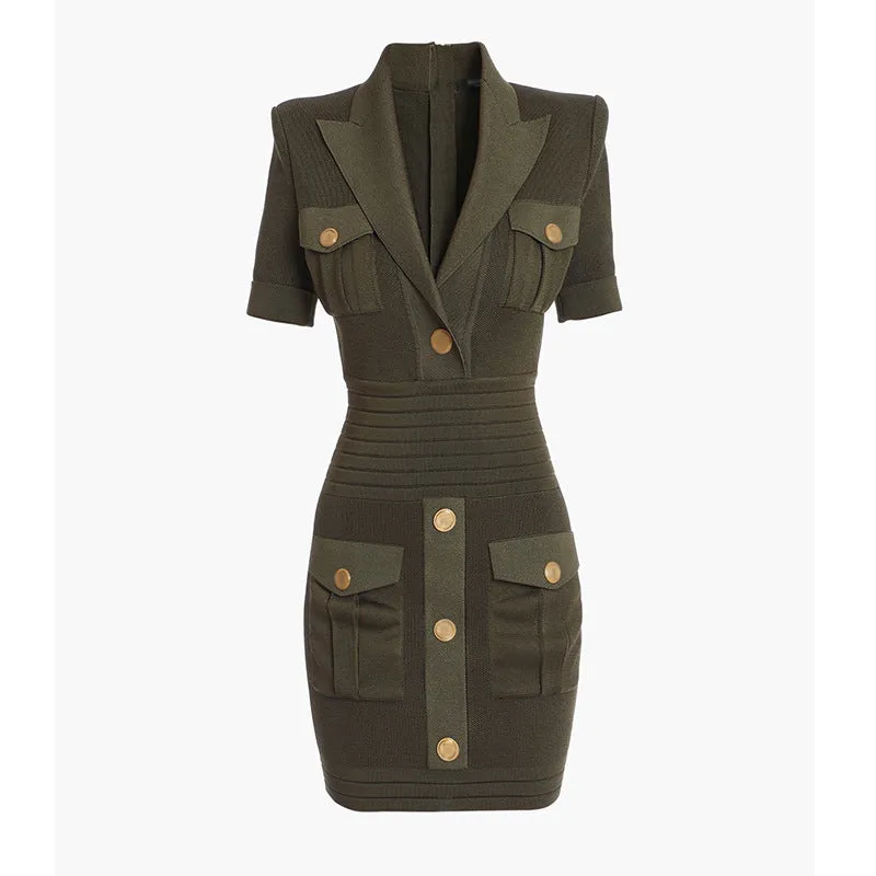 Women Knitted Minidress Army Green Deep V Neck Cocktail Dress