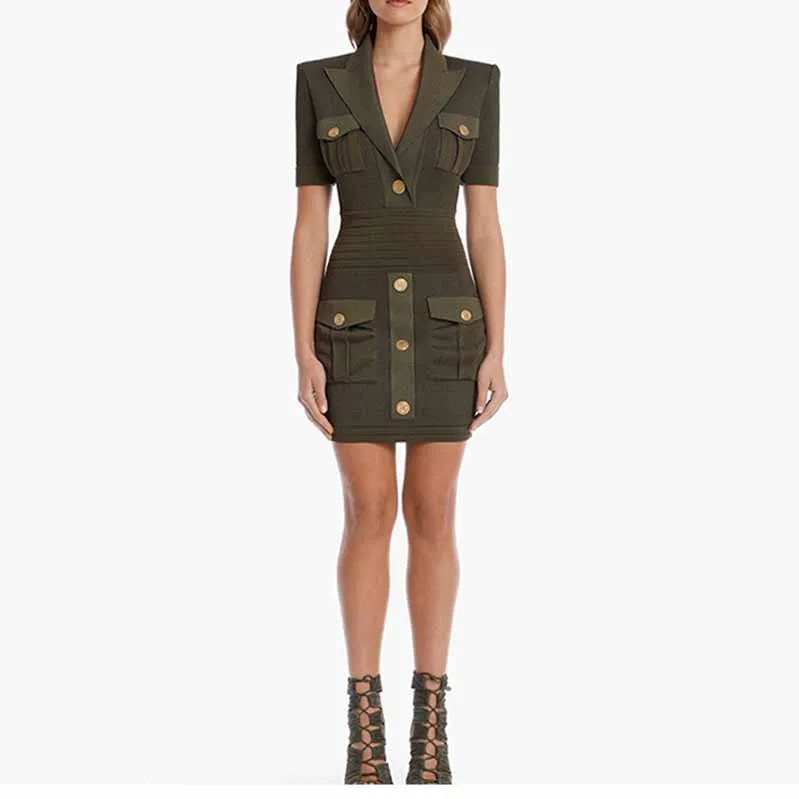 Women Knitted Minidress Army Green Deep V Neck Cocktail Dress